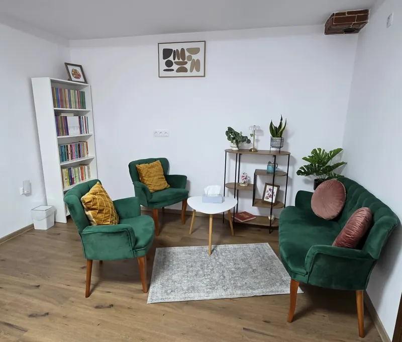 Spațiul pentru ședințele de psihoterapie cu adulții, cu fotolii verzi, plante și o bibliotecă cu cărți de psihologie